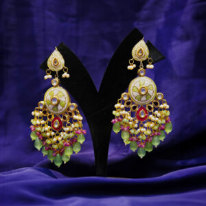 Elegant handcrafted gold-plated chandelier earrings with intricate meenakari work, adorned with sparkling stones, pearls, and colorful bead drops in green, pink, and white. A perfect blend of traditional and contemporary design for festive and bridal wear.